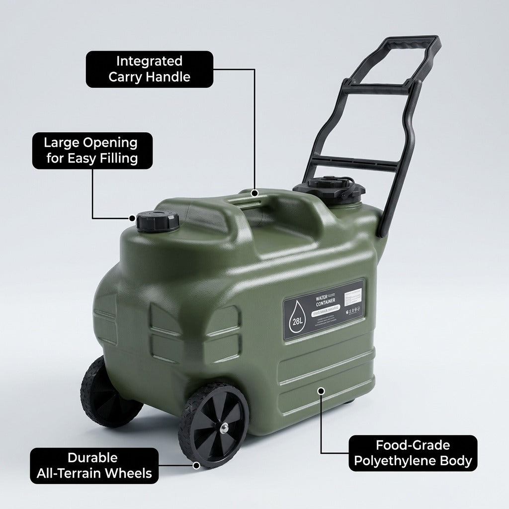 Portable Wheeled Water Jug with Folding Handle for Camping & Hiking - Green