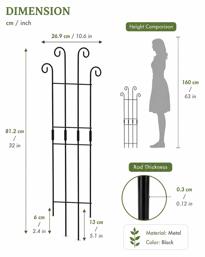4 Pcs Metal Garden Trellis for Climbing Plants - Black Iron Flower Support