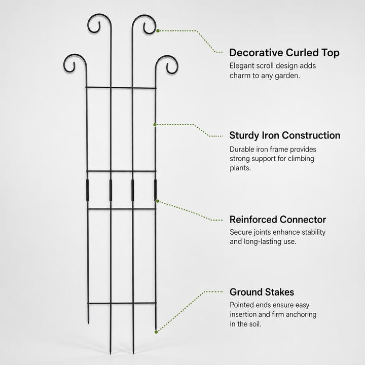 4 Pcs Metal Garden Trellis for Climbing Plants - Black Iron Flower Support