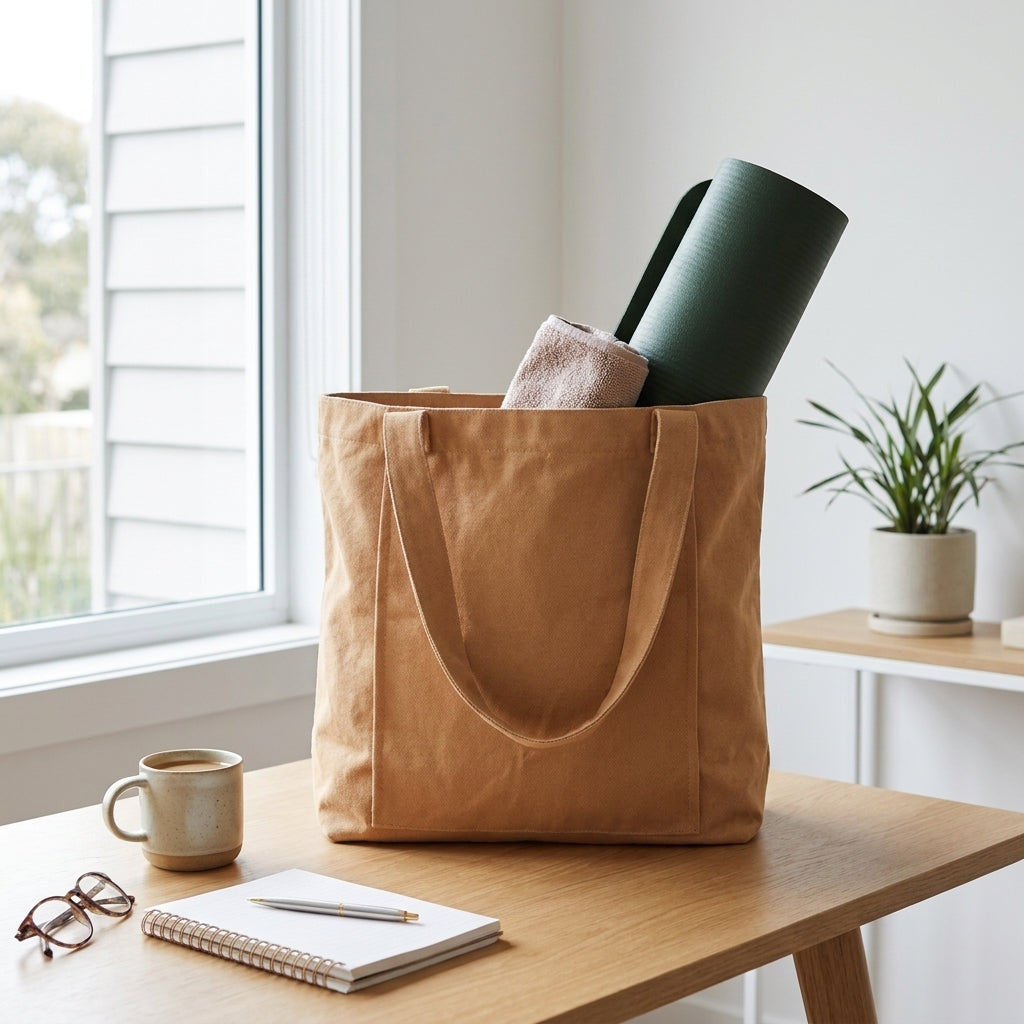 Canvas Yoga Mat Storage Bag - Large Tote with Inner Pocket - Apricot