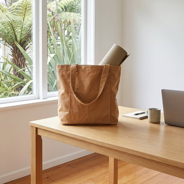 Canvas Yoga Mat Storage Bag - Large Tote with Inner Pocket - Apricot