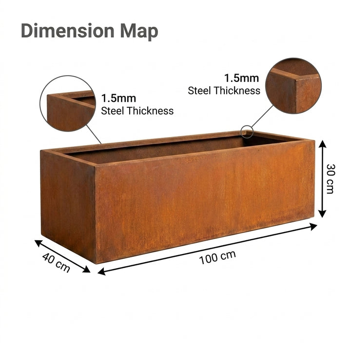 Rectangular Corten Steel Planter Box 100cm - Rusted Finish Garden Pot