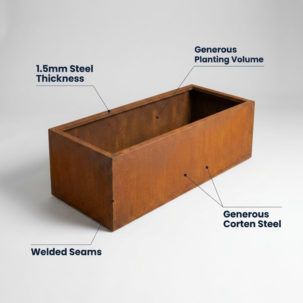 Rectangular Corten Steel Planter Box 100cm - Rusted Finish Garden Pot
