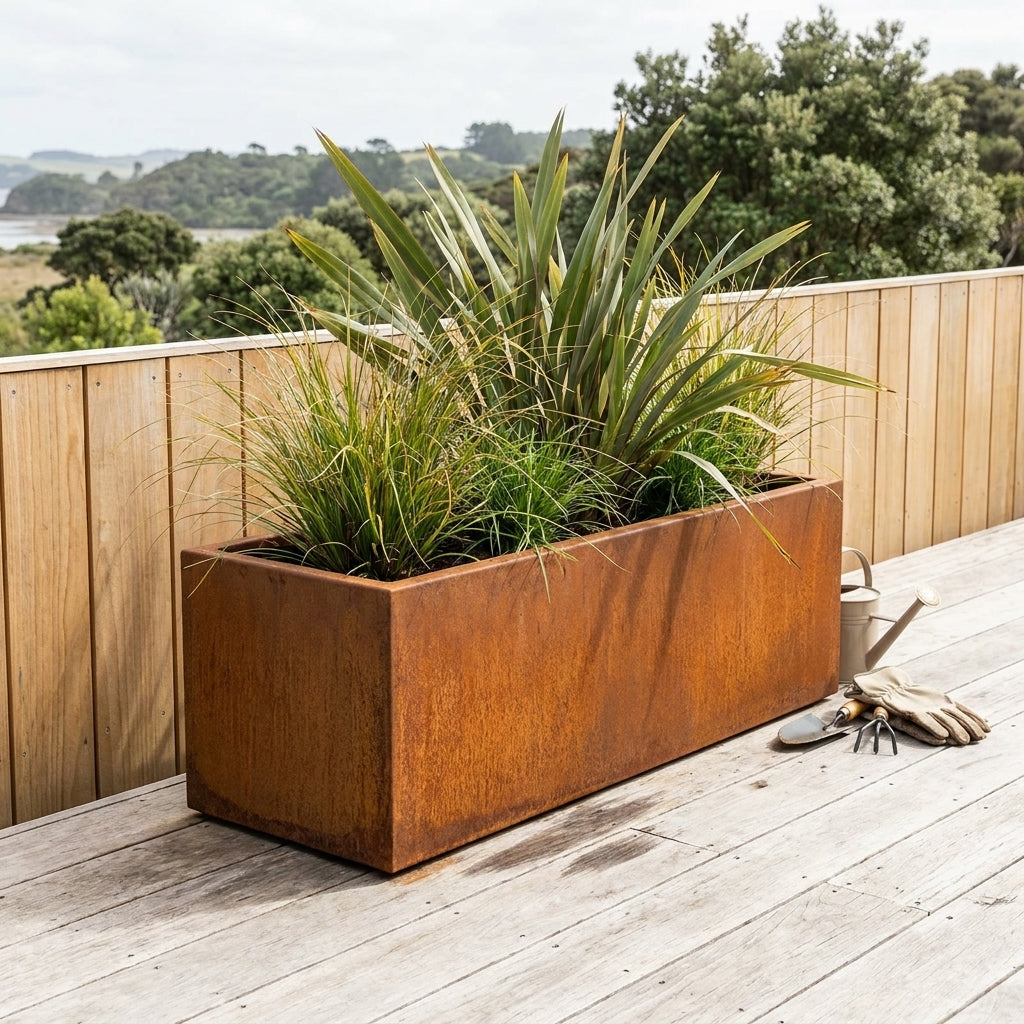Rectangular Corten Steel Planter Box 100cm - Rusted Finish Garden Pot
