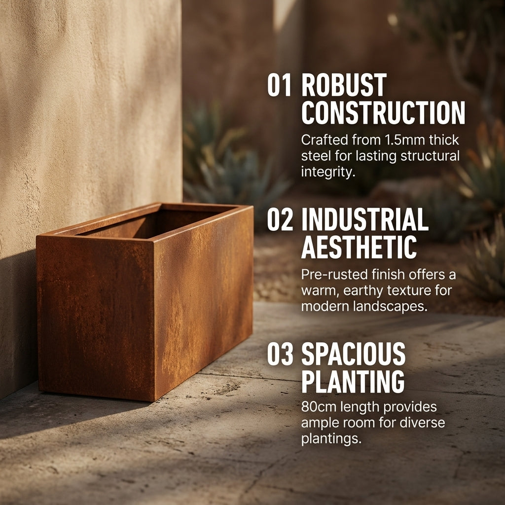 Rectangular Corten Steel Planter Box 80x40x40cm - Rusted Finish