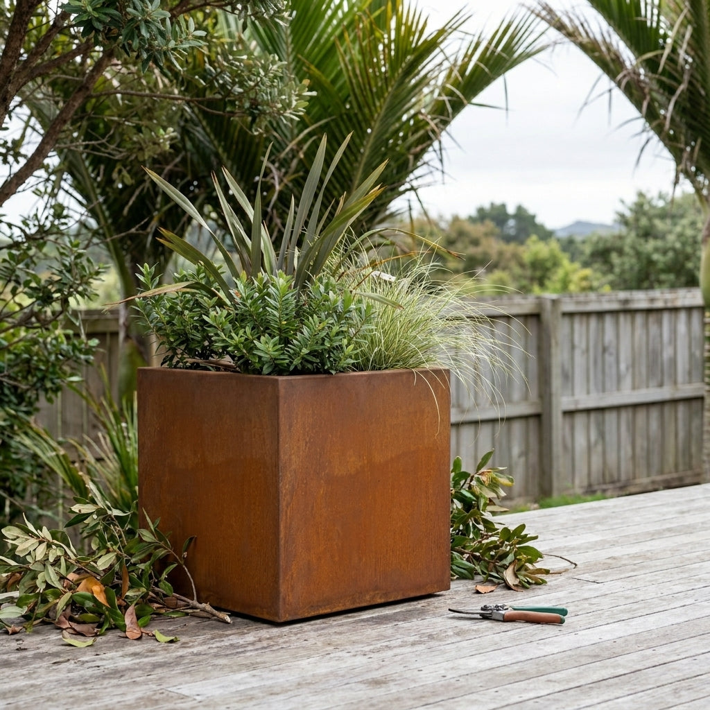 Square Corten Steel Planter Box 40cm - Rusted Finish Outdoor Garden Pot