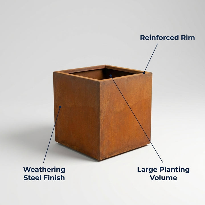 Square Corten Steel Planter Box 40cm - Rusted Finish Outdoor Garden Pot