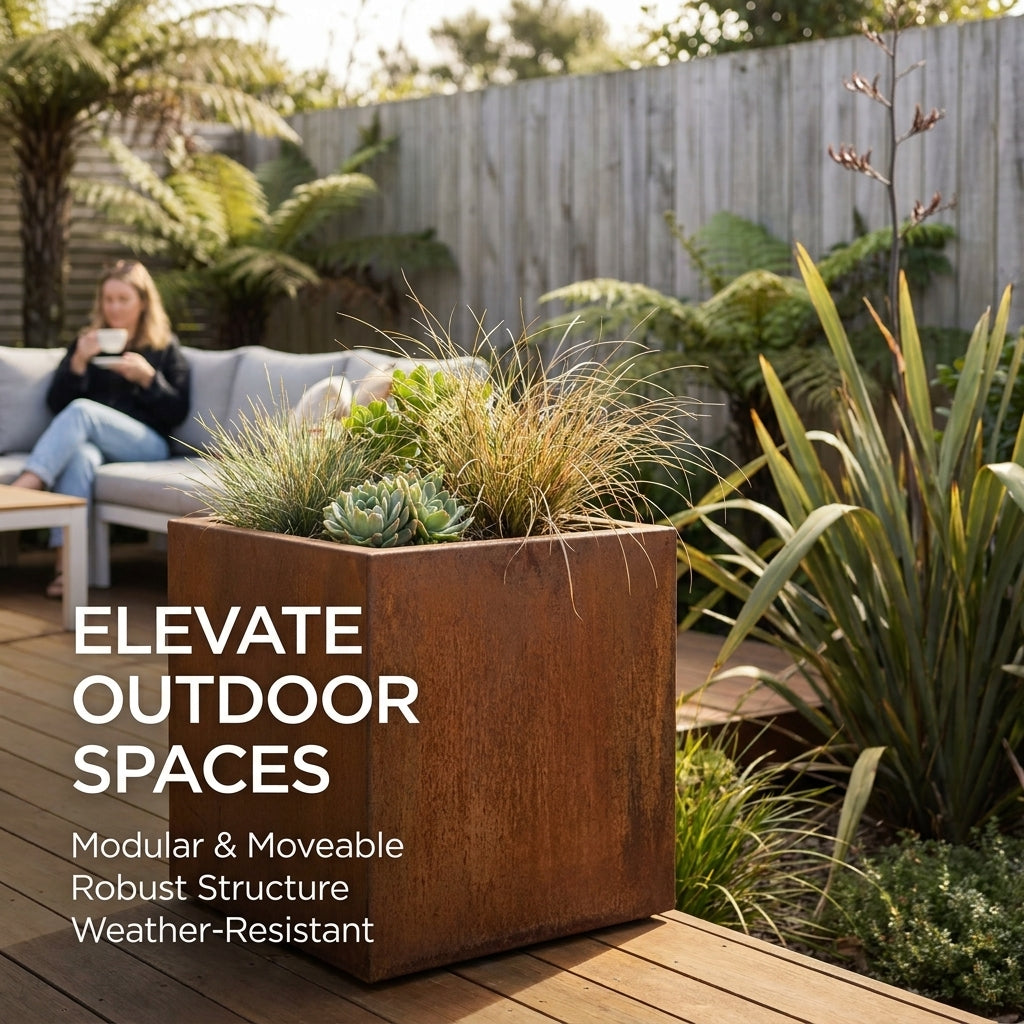 Square Corten Steel Planter Box 40cm - Rusted Finish Outdoor Garden Pot