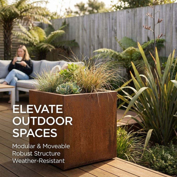 Square Corten Steel Planter Box 40cm - Rusted Finish Outdoor Garden Pot
