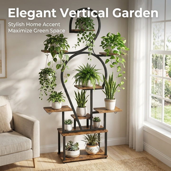6 Tier Curved Flower Stand Metal and Wood Tiered Plant Shelf - Peach Wood