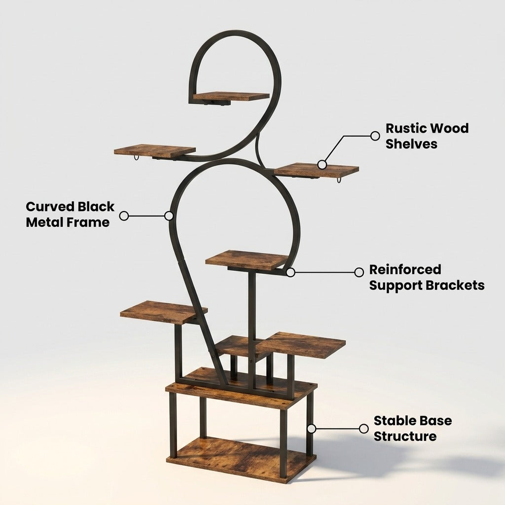 6 Tier Curved Flower Stand Metal and Wood Tiered Plant Shelf - Peach Wood