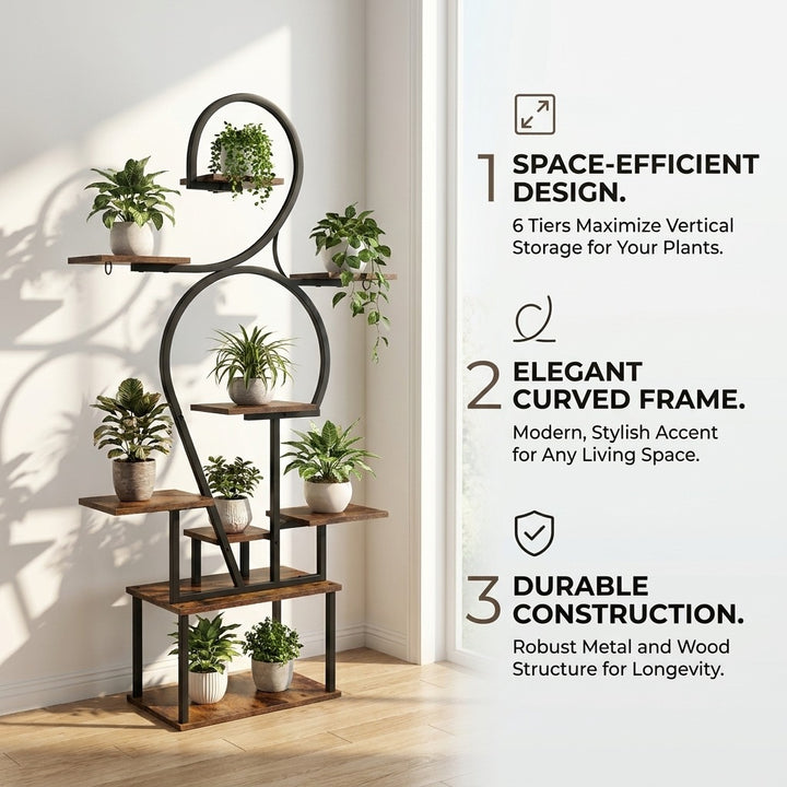 6 Tier Curved Flower Stand Metal and Wood Tiered Plant Shelf - Peach Wood