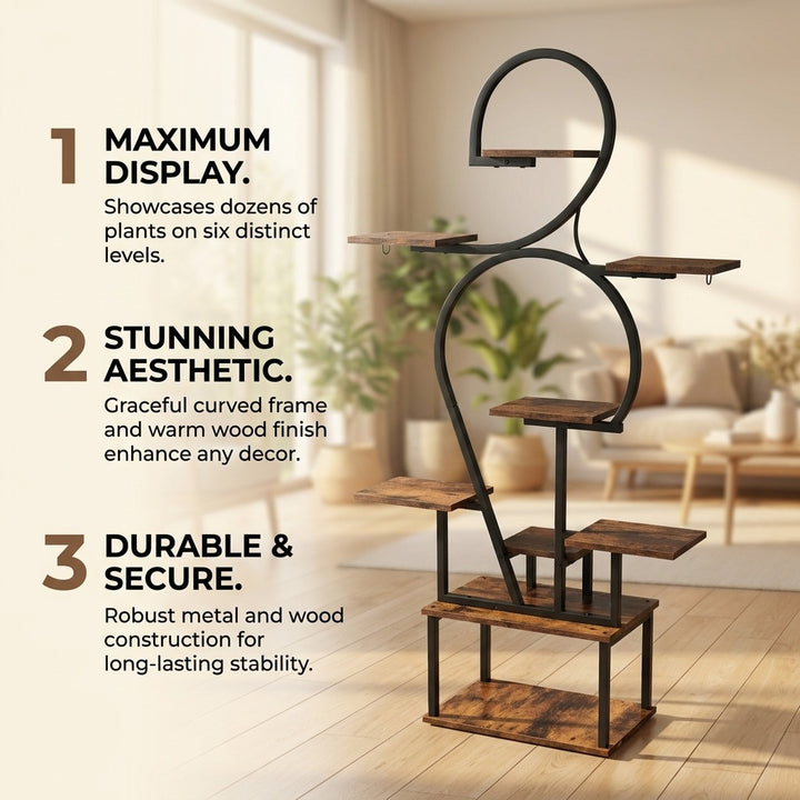 6 Tier Curved Flower Stand Metal and Wood Tiered Plant Shelf - Peach Wood