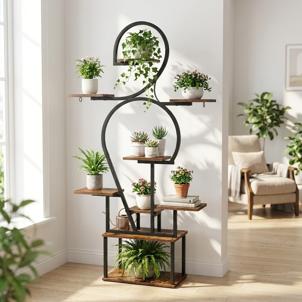 6 Tier Curved Flower Stand Metal and Wood Tiered Plant Shelf - Peach Wood