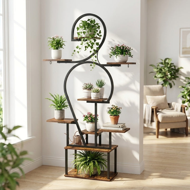 6 Tier Curved Flower Stand Metal and Wood Tiered Plant Shelf - Peach Wood