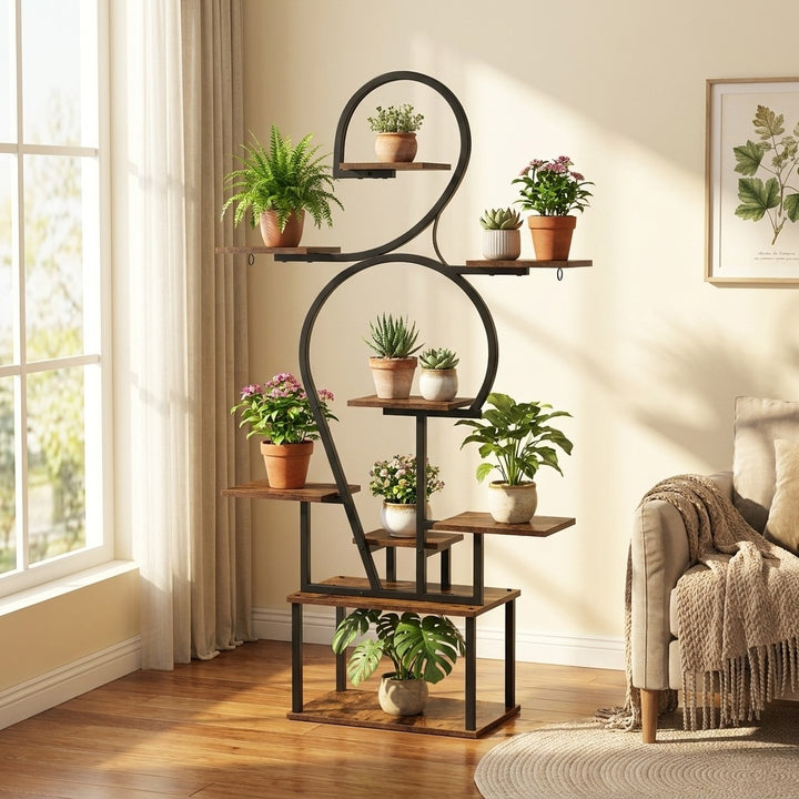 6 Tier Curved Flower Stand Metal and Wood Tiered Plant Shelf - Peach Wood