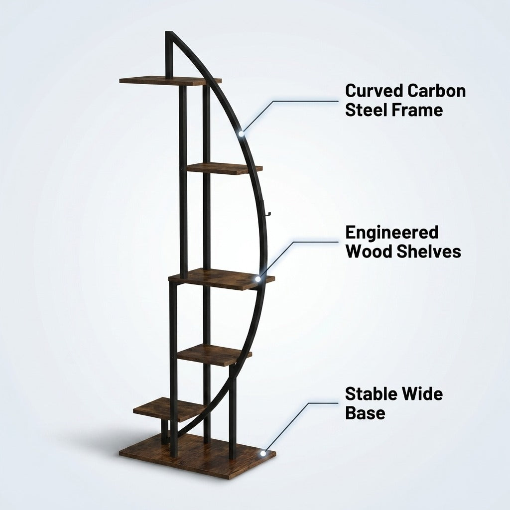Half-moon Tiered Plant Stand Metal and Wood Indoor Display Shelf - 160cm