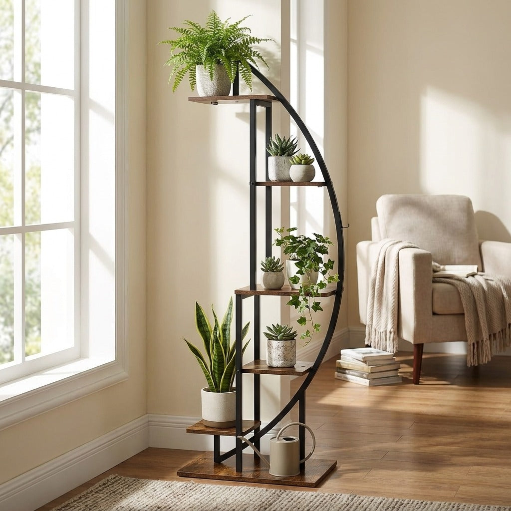Half-moon Tiered Plant Stand Metal and Wood Indoor Display Shelf - 160cm