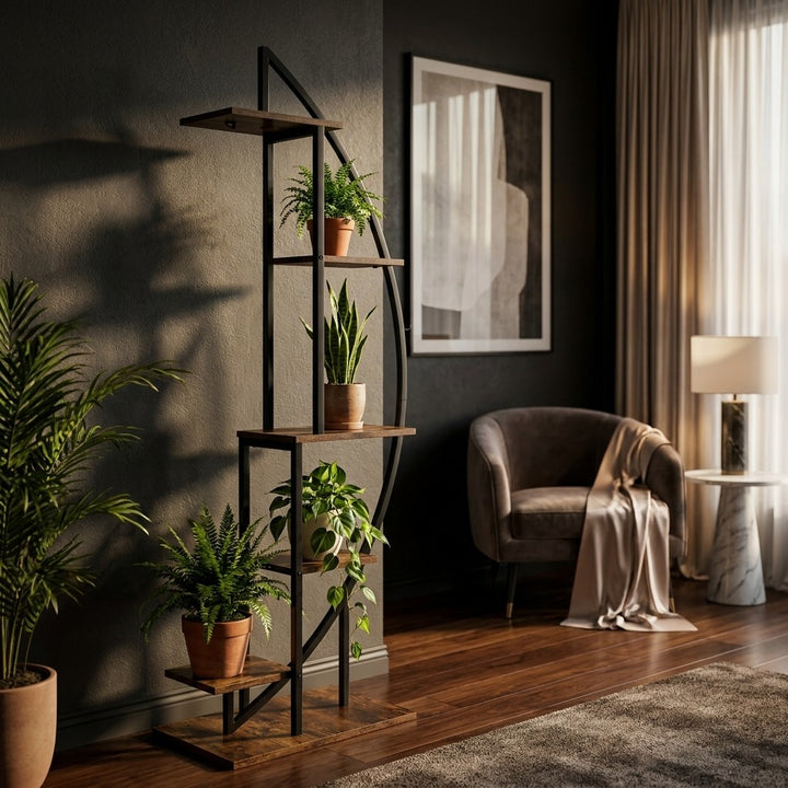 Half-moon Tiered Plant Stand Metal and Wood Indoor Display Shelf - 160cm