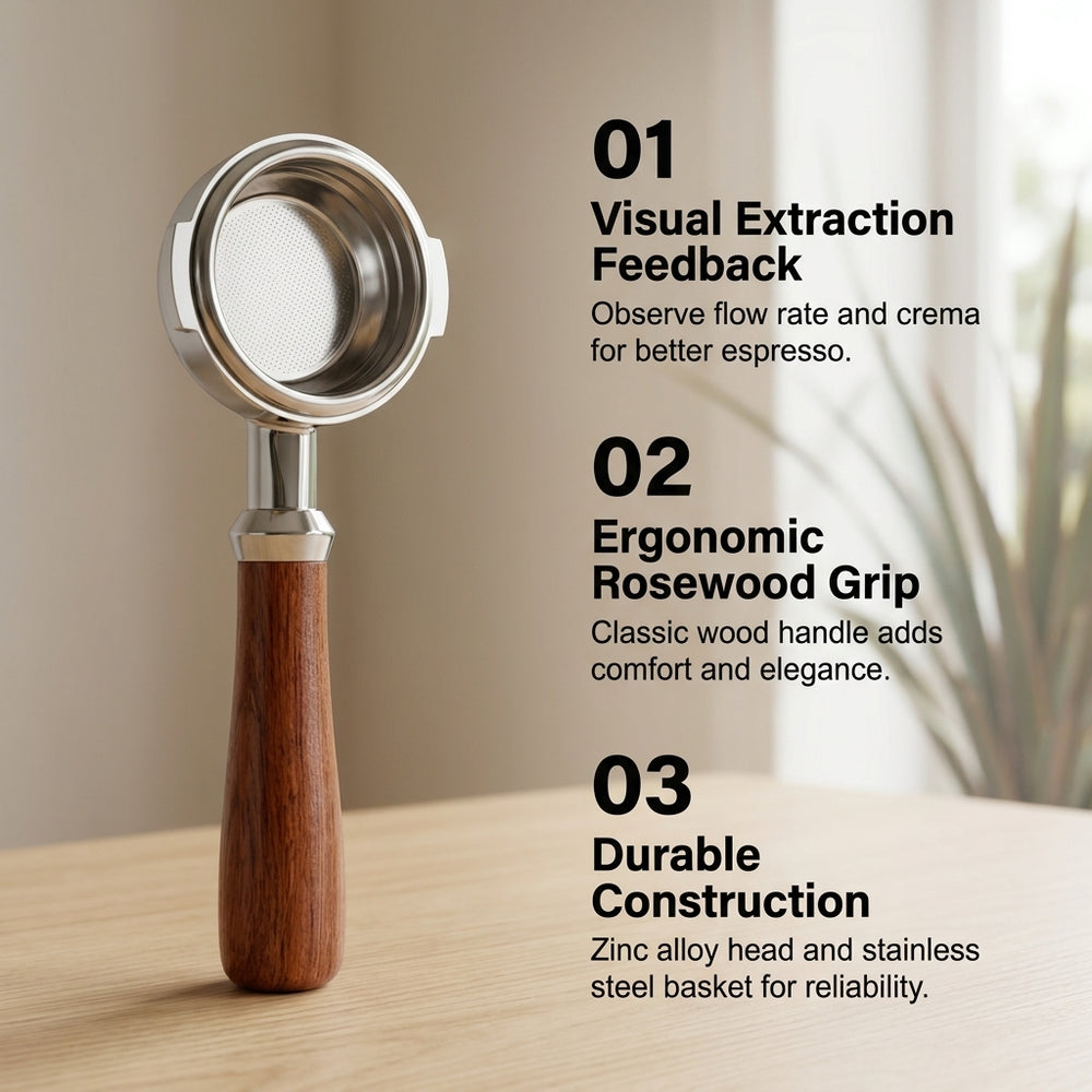 58mm Bottomless Portafilter with Rosewood Handle - E61 Compatible