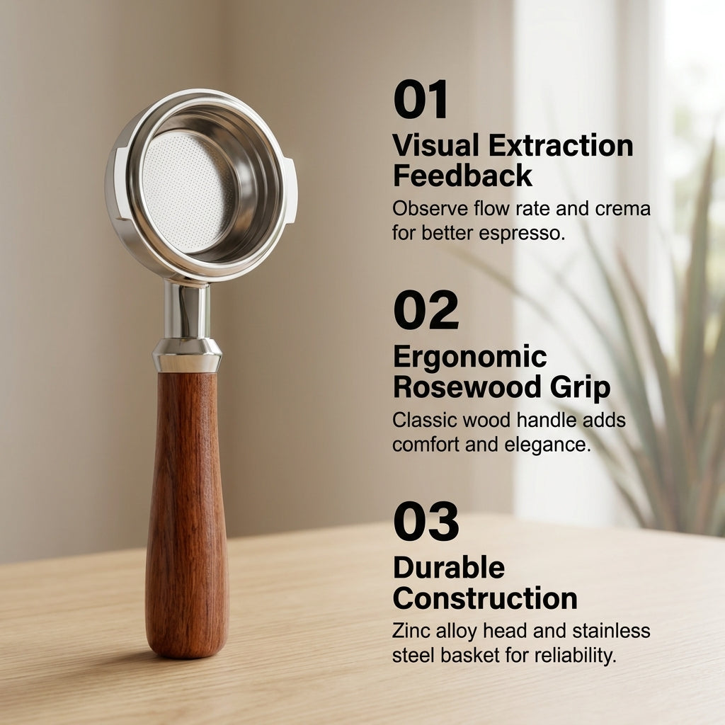 58mm Bottomless Portafilter with Rosewood Handle - E61 Compatible