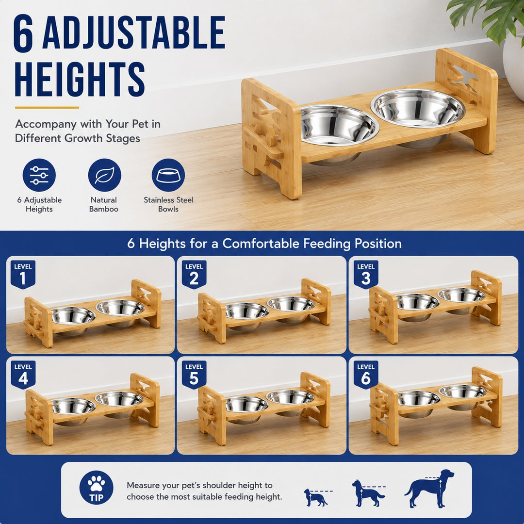 Adjustable Bamboo Raised Double Pet Bowls - Stainless Steel Feeder