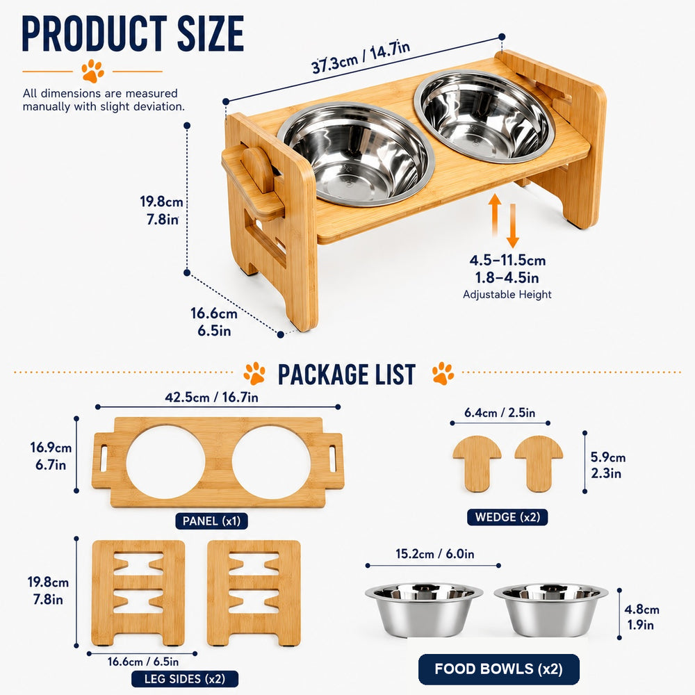 Adjustable Bamboo Raised Double Pet Bowls - Stainless Steel Feeder