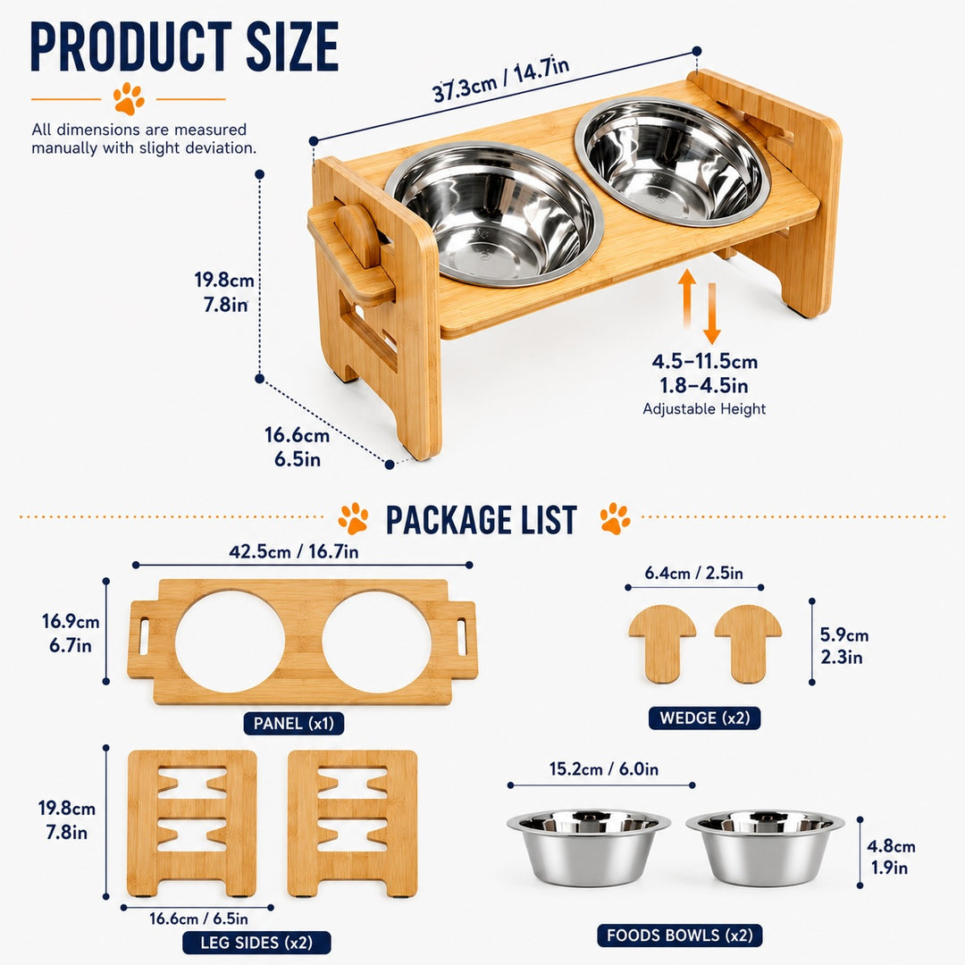Adjustable Bamboo Raised Double Pet Bowls - Stainless Steel Feeder