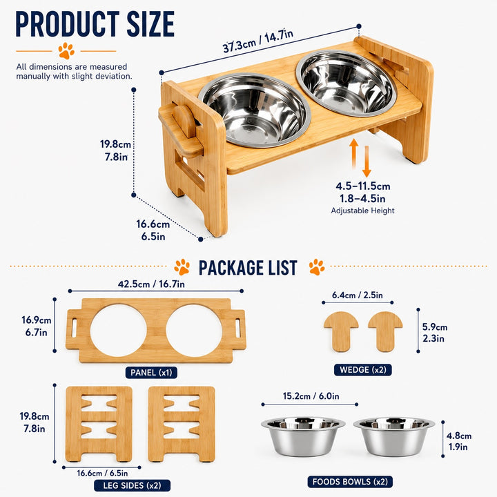 Adjustable Bamboo Raised Double Pet Bowls - Stainless Steel Feeder