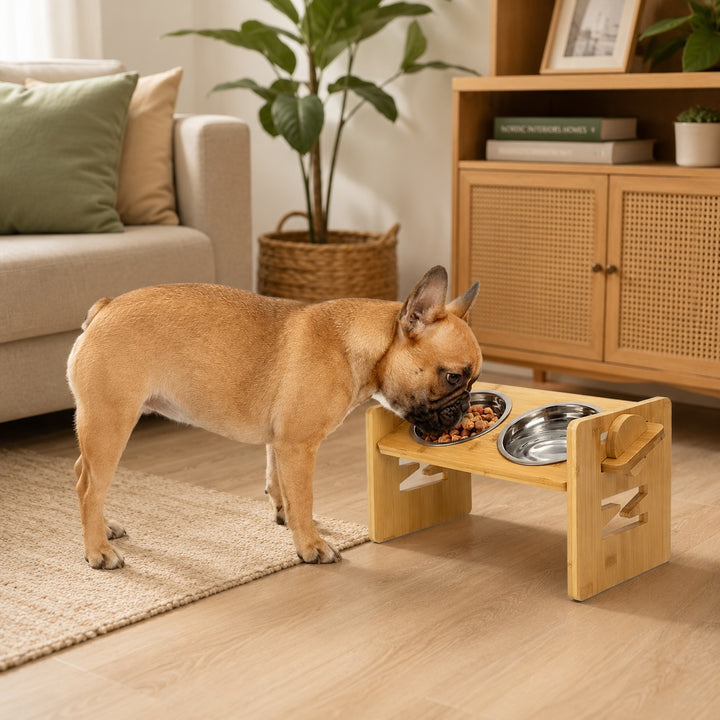 Adjustable Bamboo Raised Double Pet Bowls - Stainless Steel Feeder