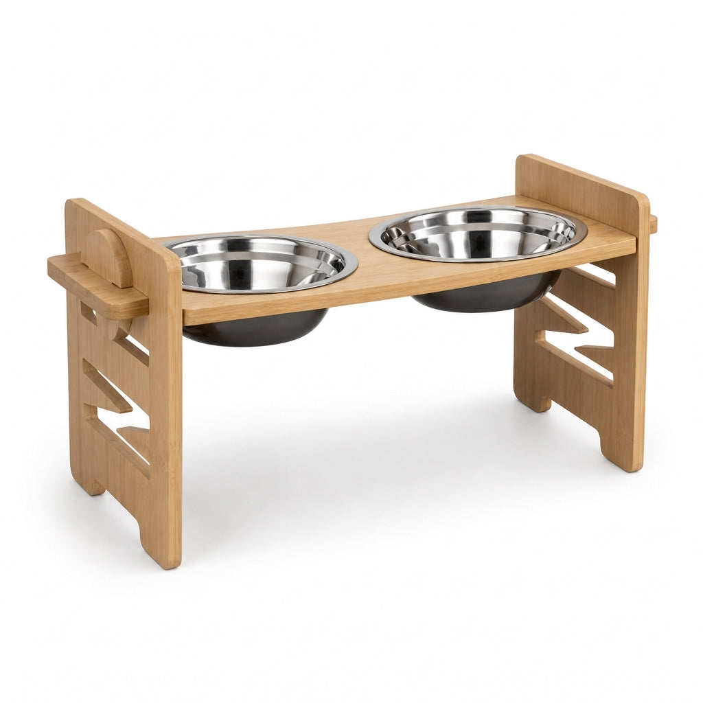 Adjustable Bamboo Raised Double Pet Bowls - Stainless Steel Feeder