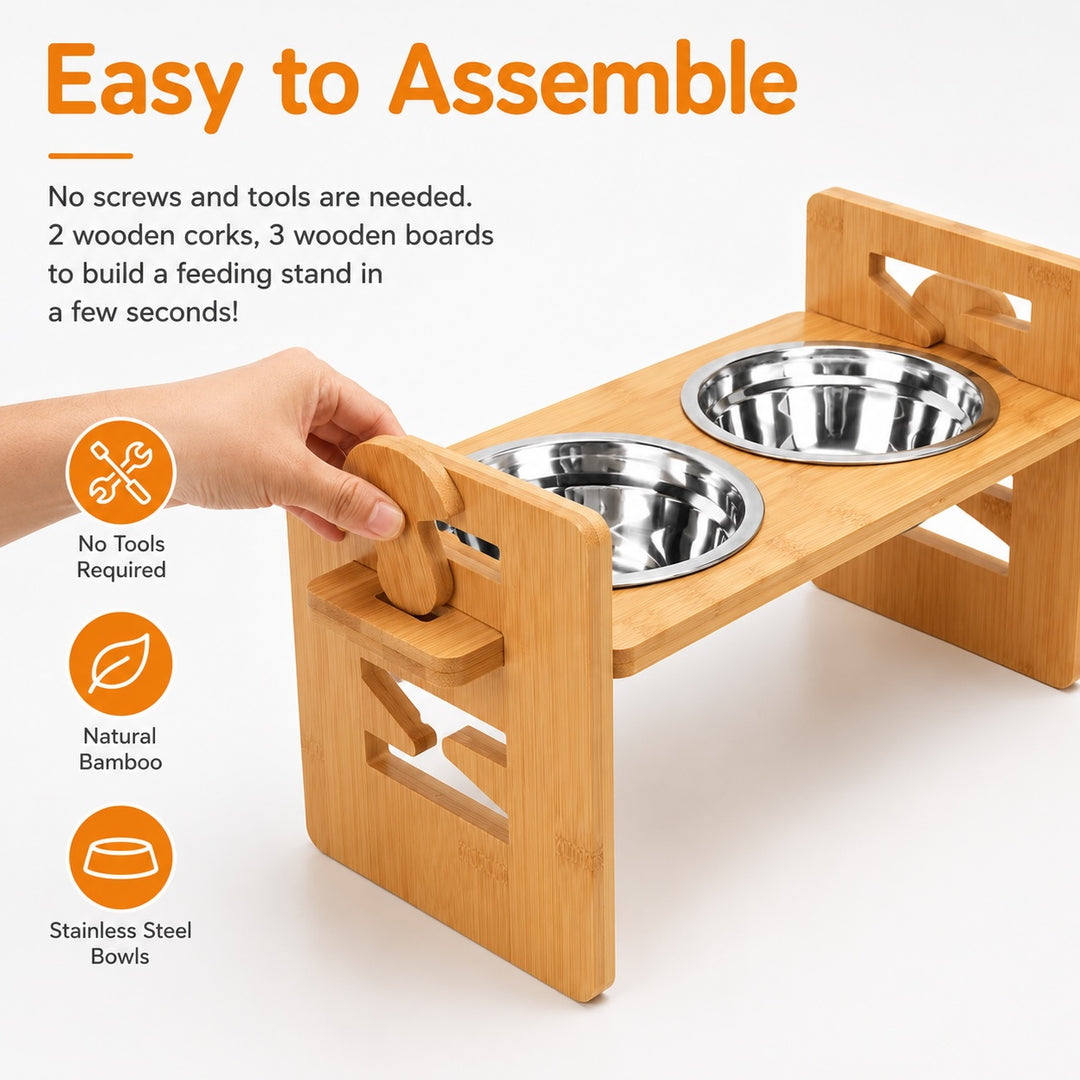 Adjustable Bamboo Raised Double Pet Bowls - Stainless Steel Feeder