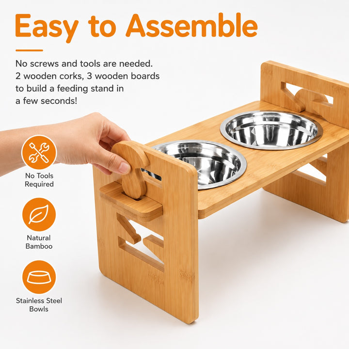 Adjustable Bamboo Raised Double Pet Bowls - Stainless Steel Feeder
