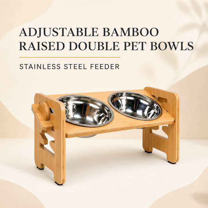 Adjustable Bamboo Raised Double Pet Bowls - Stainless Steel Feeder