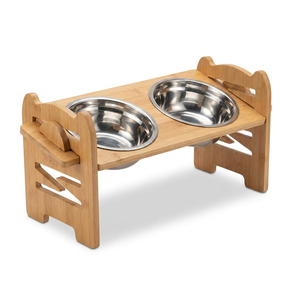 Adjustable Bamboo Raised Double Pet Bowls - Stainless Steel Feeder
