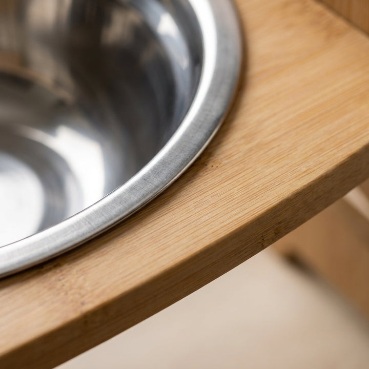Adjustable Bamboo Raised Double Pet Bowls - Stainless Steel Feeder
