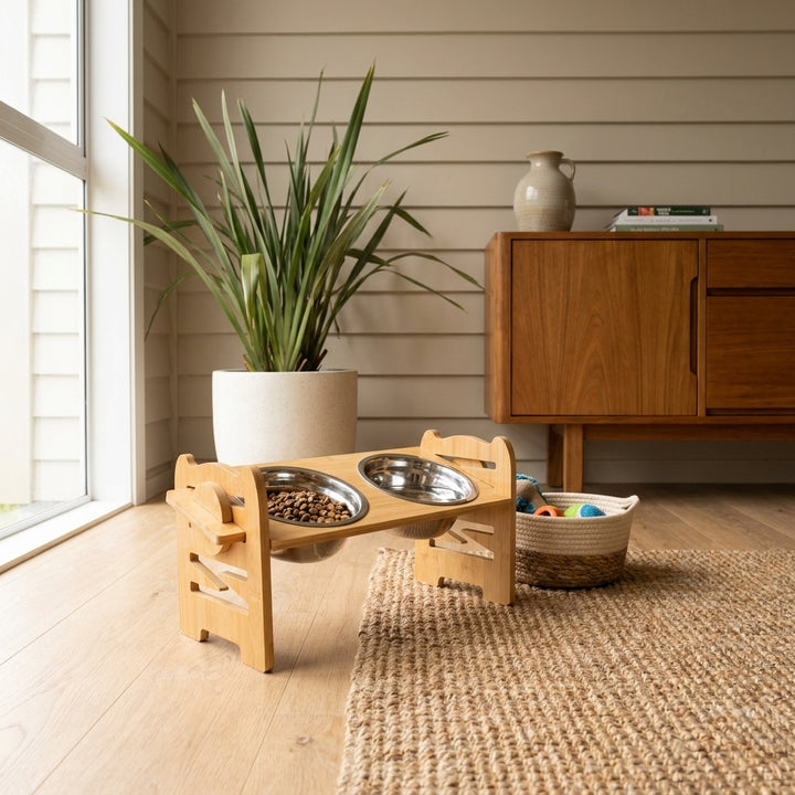 Adjustable Bamboo Raised Double Pet Bowls - Stainless Steel Feeder