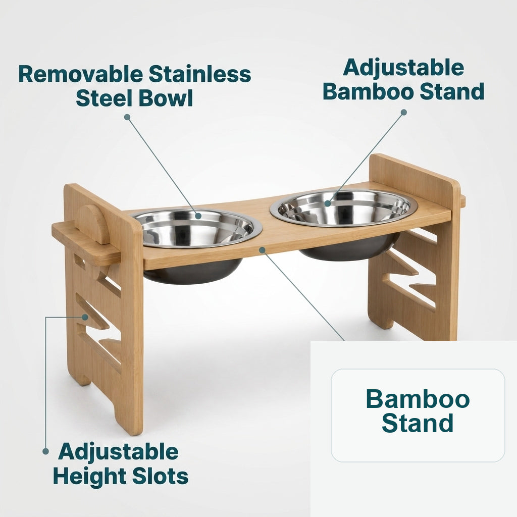 Adjustable Bamboo Raised Double Pet Bowls - Stainless Steel Feeder