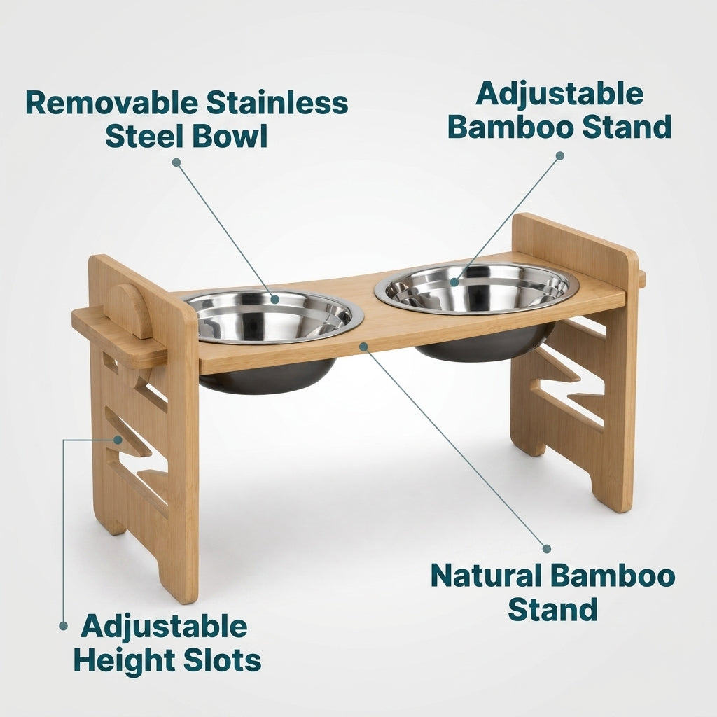 Adjustable Bamboo Raised Double Pet Bowls - Stainless Steel Feeder