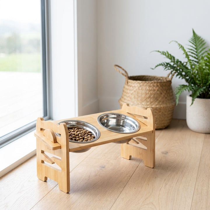 Adjustable Bamboo Raised Double Pet Bowls - Stainless Steel Feeder