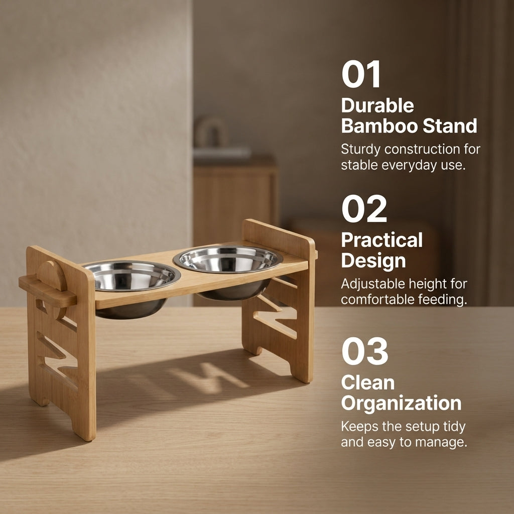 Adjustable Bamboo Raised Double Pet Bowls - Stainless Steel Feeder