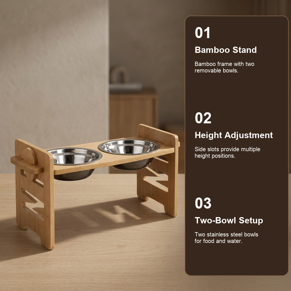 Adjustable Bamboo Raised Double Pet Bowls - Stainless Steel Feeder