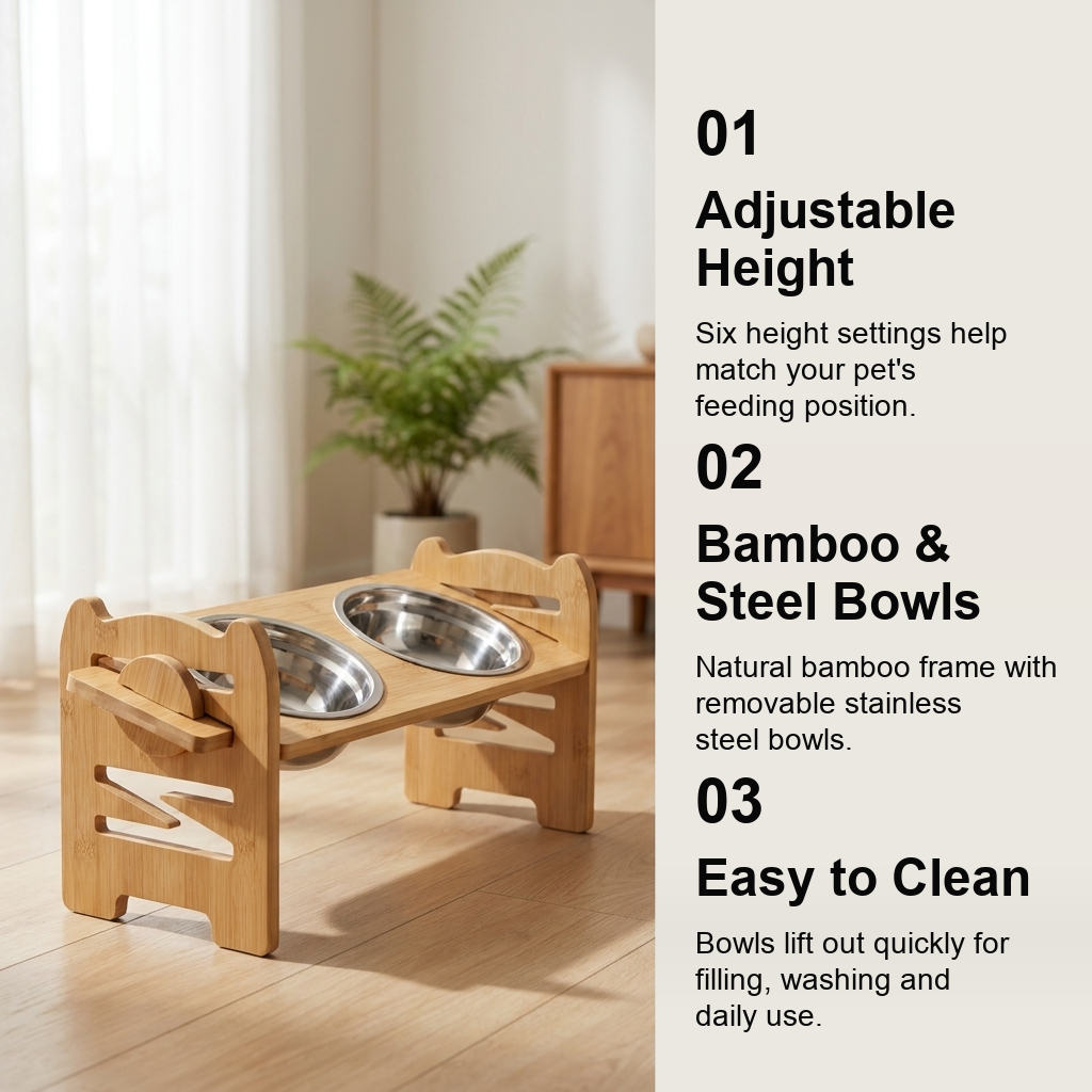 Adjustable Bamboo Raised Double Pet Bowls - Stainless Steel Feeder
