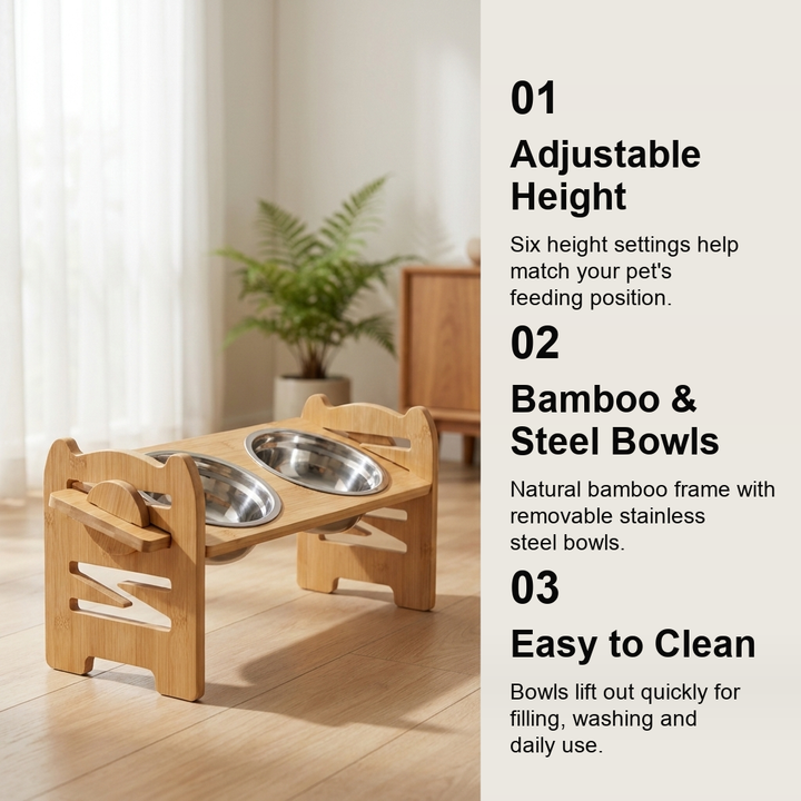 Adjustable Bamboo Raised Double Pet Bowls - Stainless Steel Feeder