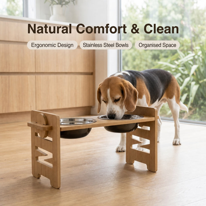 Adjustable Bamboo Raised Double Pet Bowls - Stainless Steel Feeder