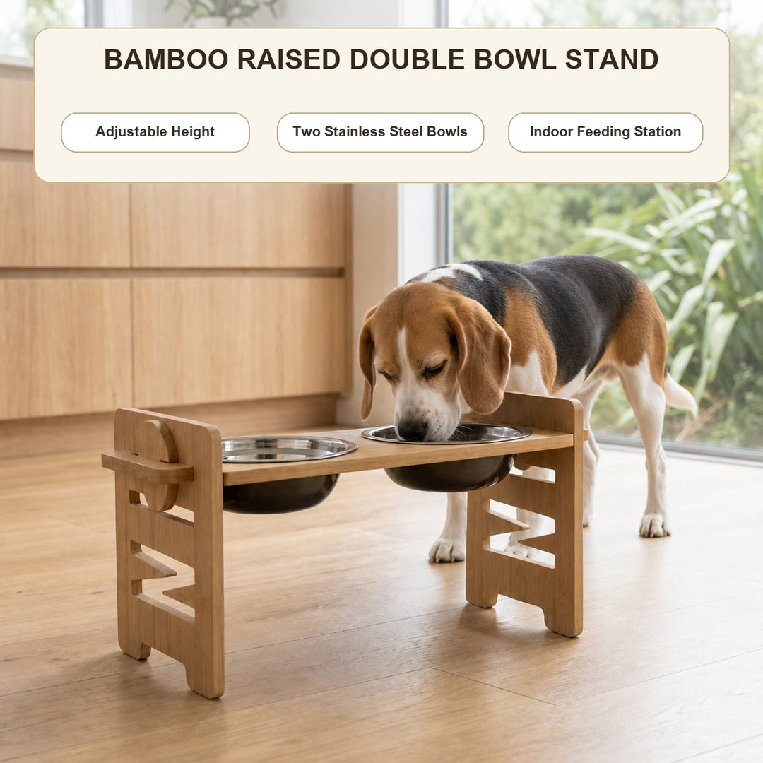Adjustable Bamboo Raised Double Pet Bowls - Stainless Steel Feeder