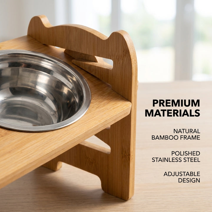 Adjustable Bamboo Raised Double Pet Bowls - Stainless Steel Feeder