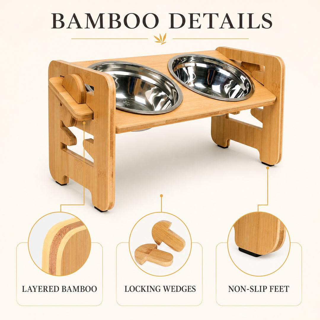 Adjustable Bamboo Raised Double Pet Bowls - Stainless Steel Feeder