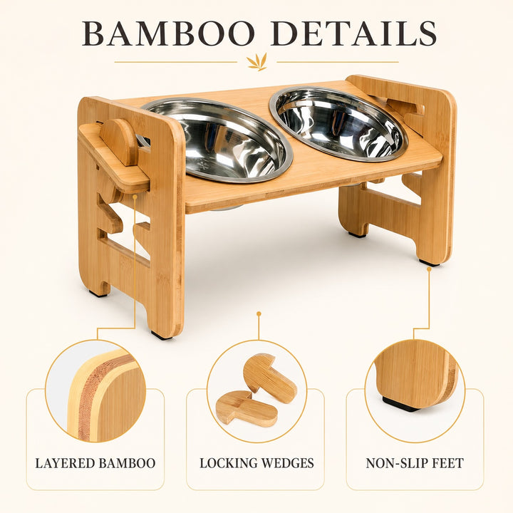 Adjustable Bamboo Raised Double Pet Bowls - Stainless Steel Feeder