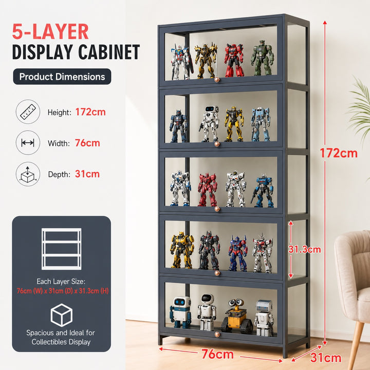 5-Tier Tall Display Cabinet with Clear Acrylic Doors - 80cm Gray